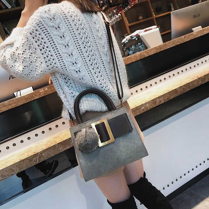Vintage Women handbags winter 2021 With hair ball female shoulder bags PU Leather Casual Totes Ladies messenger bags bolsas gray