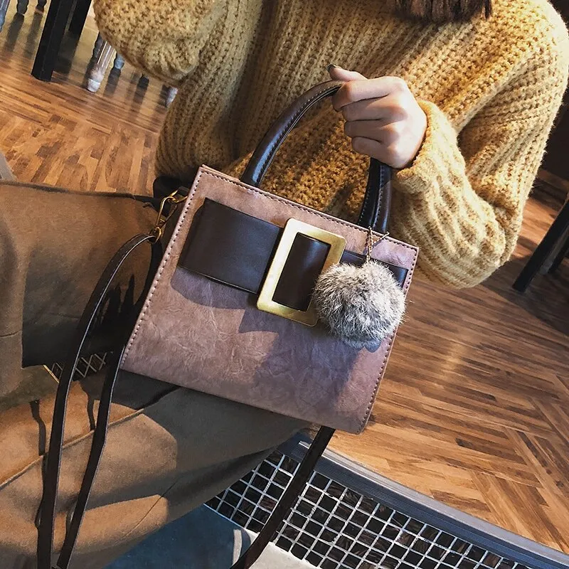 Vintage Women handbags winter 2021 With hair ball female shoulder bags PU Leather Casual Totes Ladies messenger bags bolsas gray
