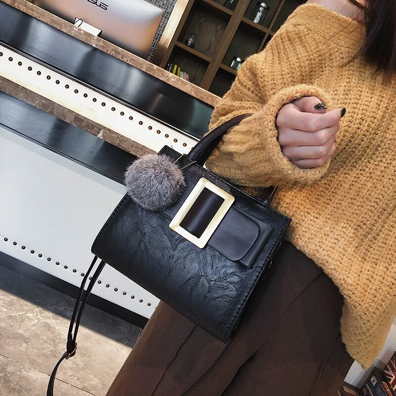 Vintage Women handbags winter 2021 With hair ball female shoulder bags PU Leather Casual Totes Ladies messenger bags bolsas gray