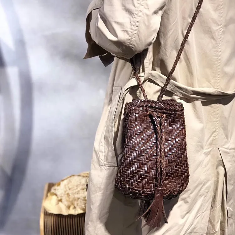 Western Womens Cowhide Purses with Fringe Woven Leather Crossbody Bucket Bag