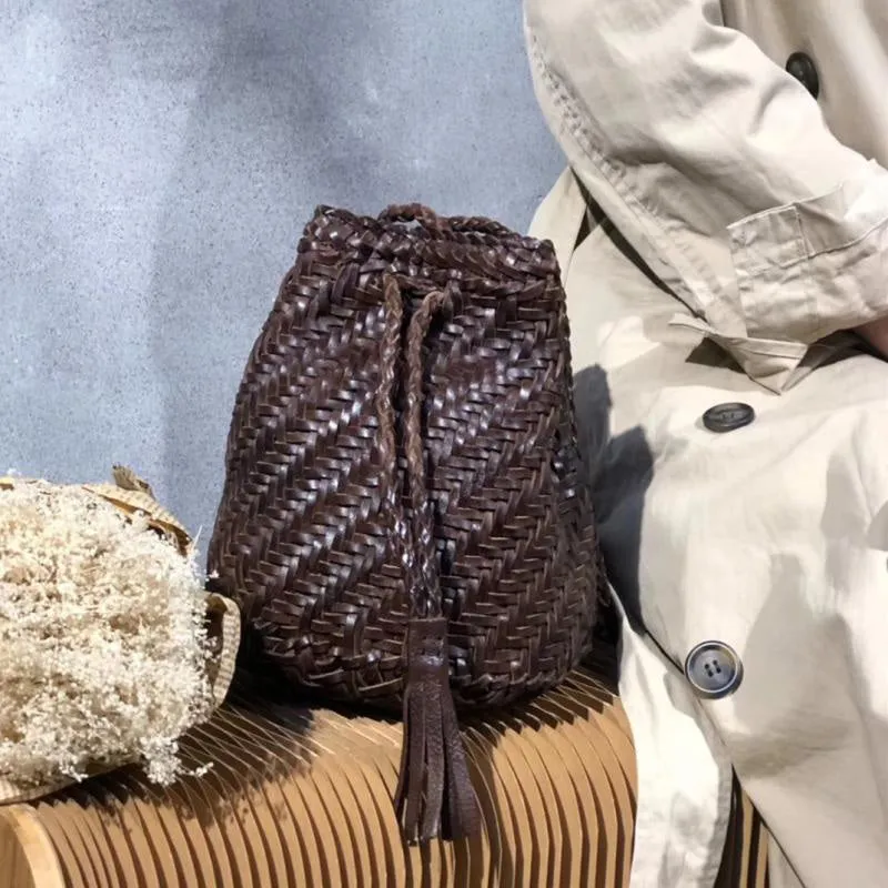 Western Womens Cowhide Purses with Fringe Woven Leather Crossbody Bucket Bag