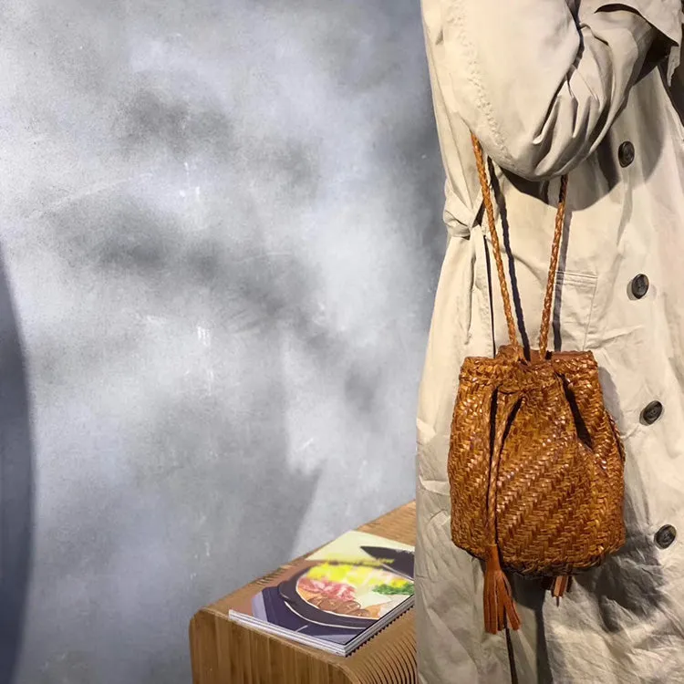Western Womens Cowhide Purses with Fringe Woven Leather Crossbody Bucket Bag