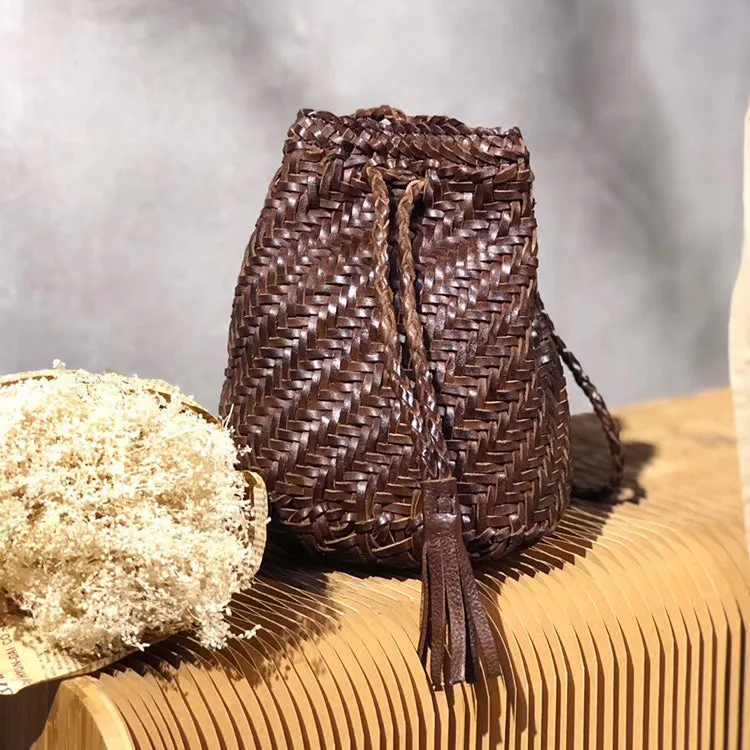 Western Womens Cowhide Purses with Fringe Woven Leather Crossbody Bucket Bag