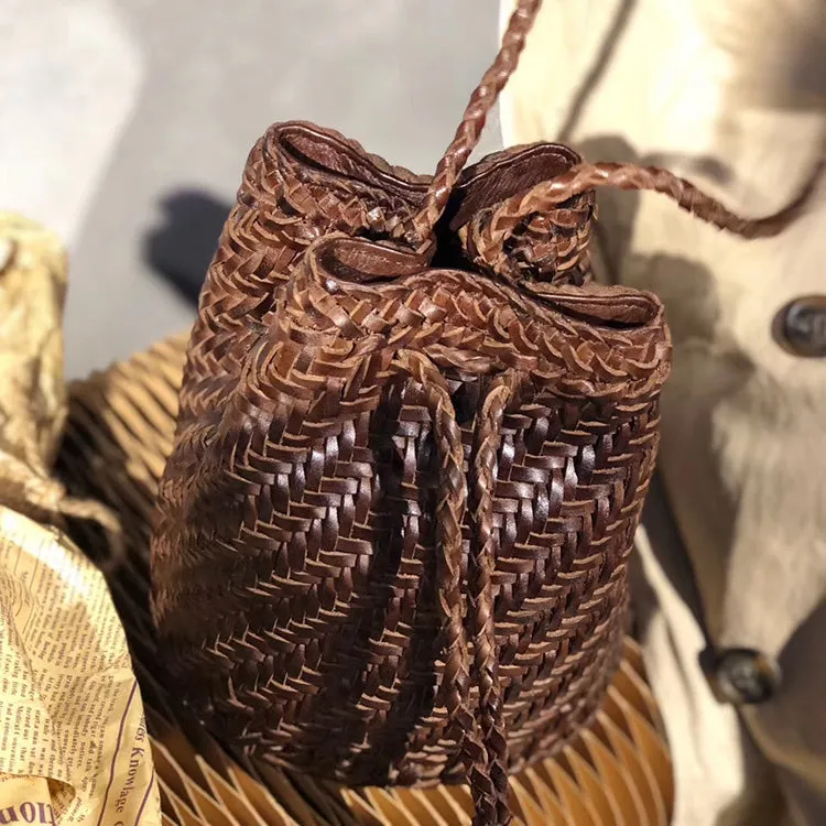 Western Womens Cowhide Purses with Fringe Woven Leather Crossbody Bucket Bag