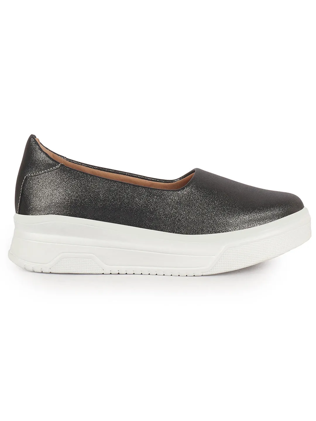 Women Dark Grey Height Enhancer Lightweight Glitter Slip On Shoes|Memory Cushion Insole|Party Slip On All Season Casual Shoe