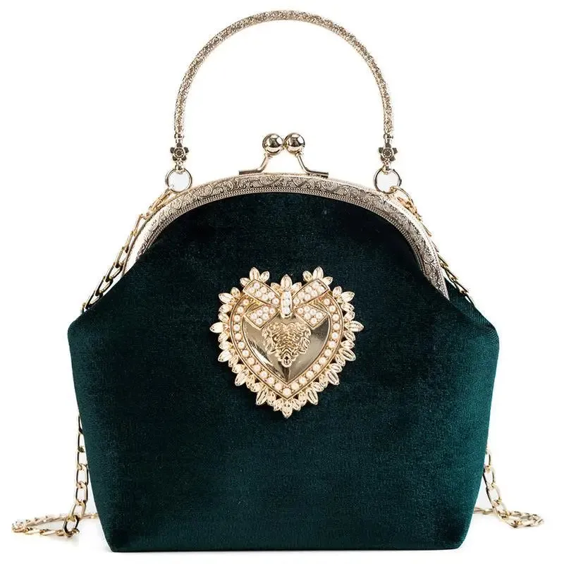 Women Velvet Pearl Handbag: Vintage Velour Heart Design Evening Bag, Wedding Party Bride Clutch, Velour Bag Purse