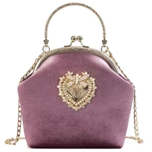 Women Velvet Pearl Handbag: Vintage Velour Heart Design Evening Bag, Wedding Party Bride Clutch, Velour Bag Purse