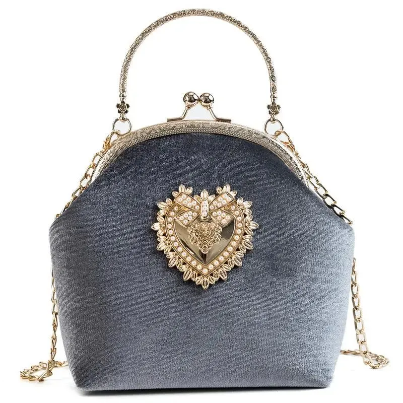 Women Velvet Pearl Handbag: Vintage Velour Heart Design Evening Bag, Wedding Party Bride Clutch, Velour Bag Purse