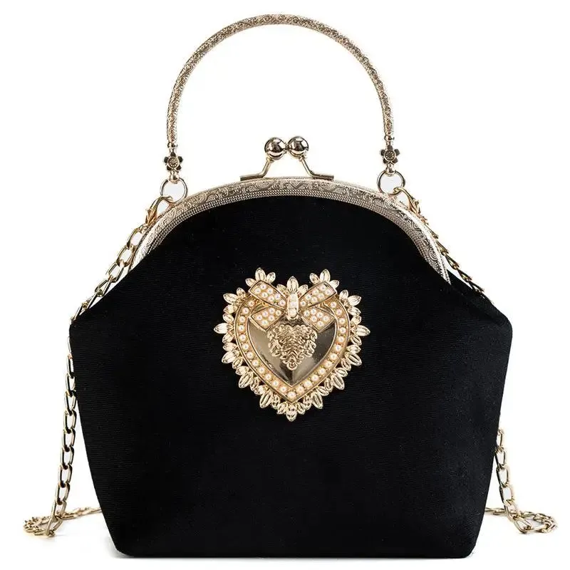 Women Velvet Pearl Handbag: Vintage Velour Heart Design Evening Bag, Wedding Party Bride Clutch, Velour Bag Purse