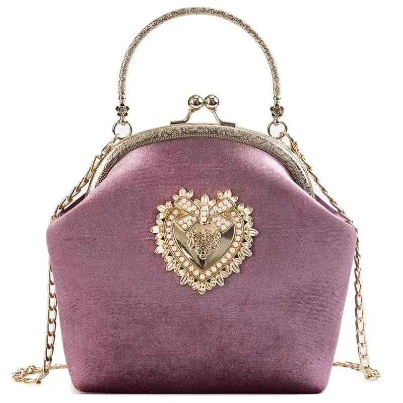 Women Velvet Pearl Handbag: Vintage Velour Heart Design Evening Bag, Wedding Party Bride Clutch, Velour Bag Purse