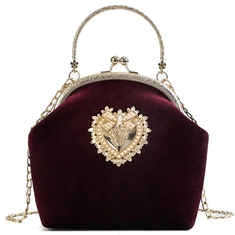 Women Velvet Pearl Handbag: Vintage Velour Heart Design Evening Bag, Wedding Party Bride Clutch, Velour Bag Purse