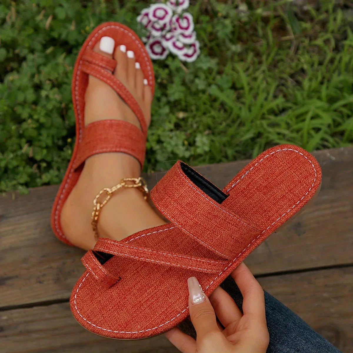 Women's Toe Loop Slip On Slide Shoes Casual Non Slip Flat Denim Sandals