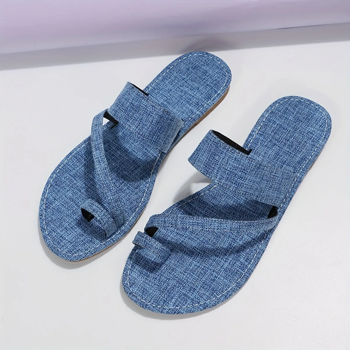 Women's Toe Loop Slip On Slide Shoes Casual Non Slip Flat Denim Sandals
