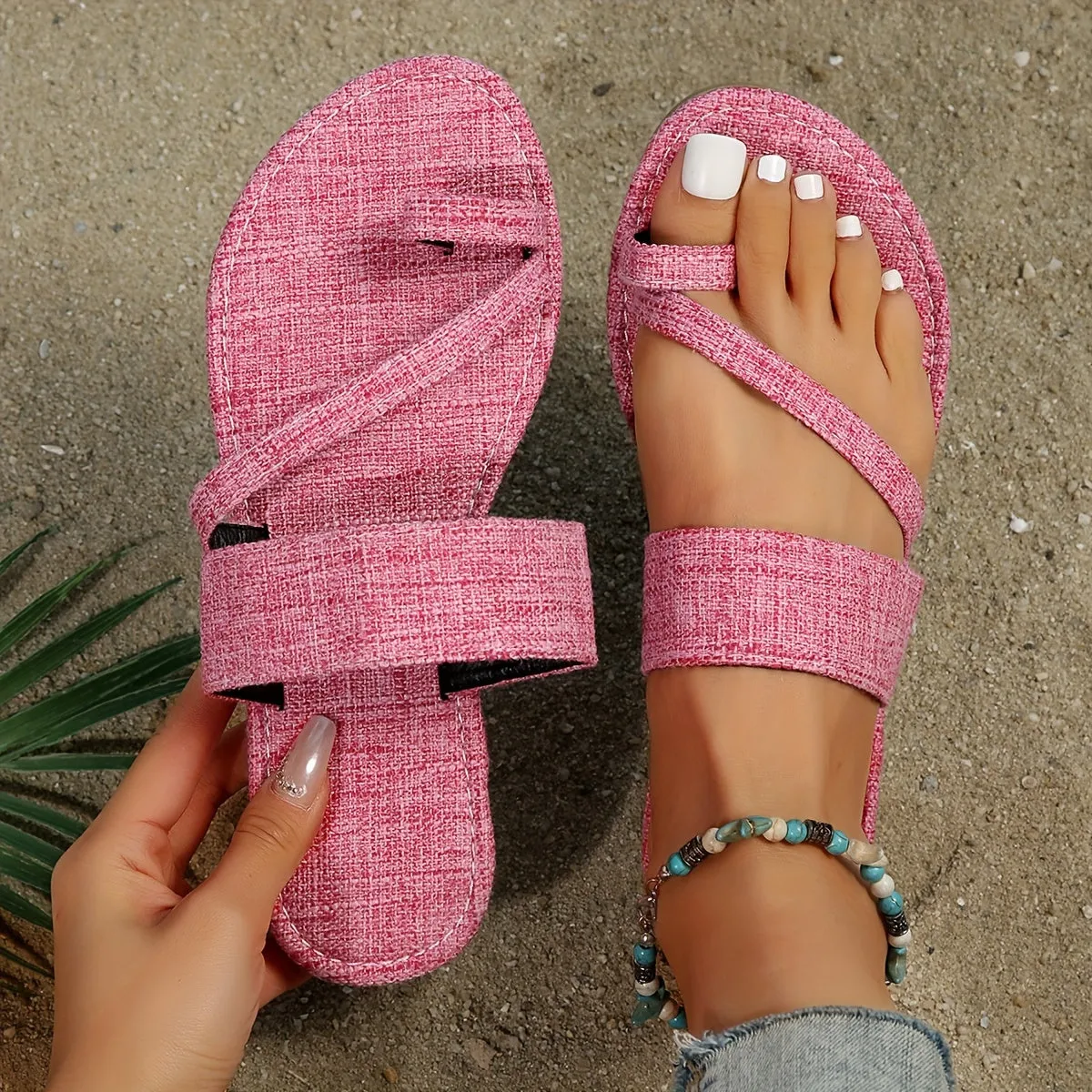 Women's Toe Loop Slip On Slide Shoes Casual Non Slip Flat Denim Sandals