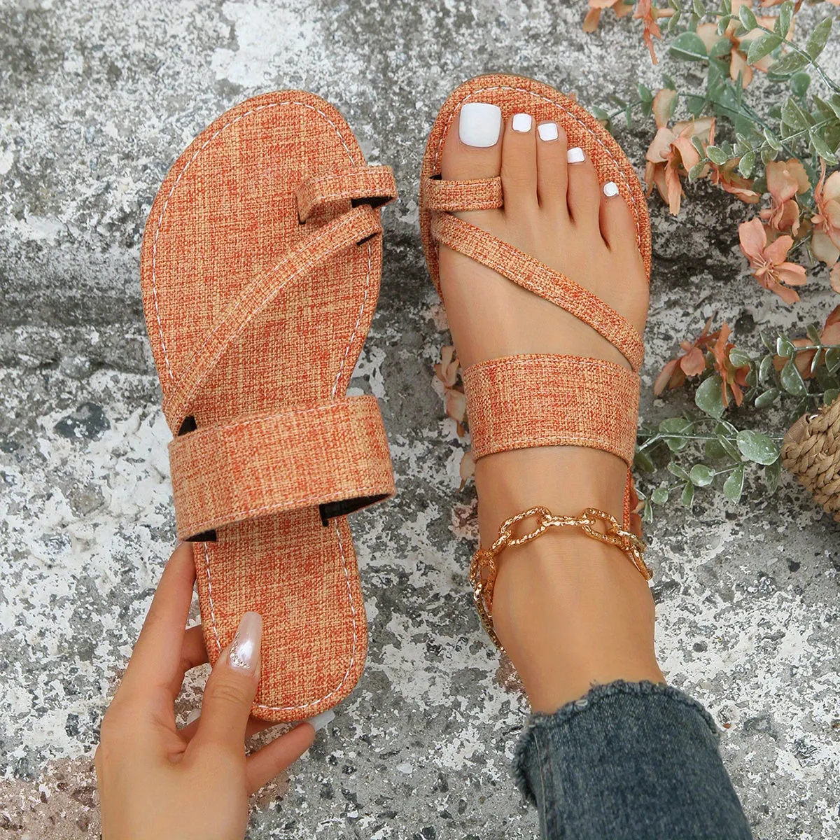 Women's Toe Loop Slip On Slide Shoes Casual Non Slip Flat Denim Sandals