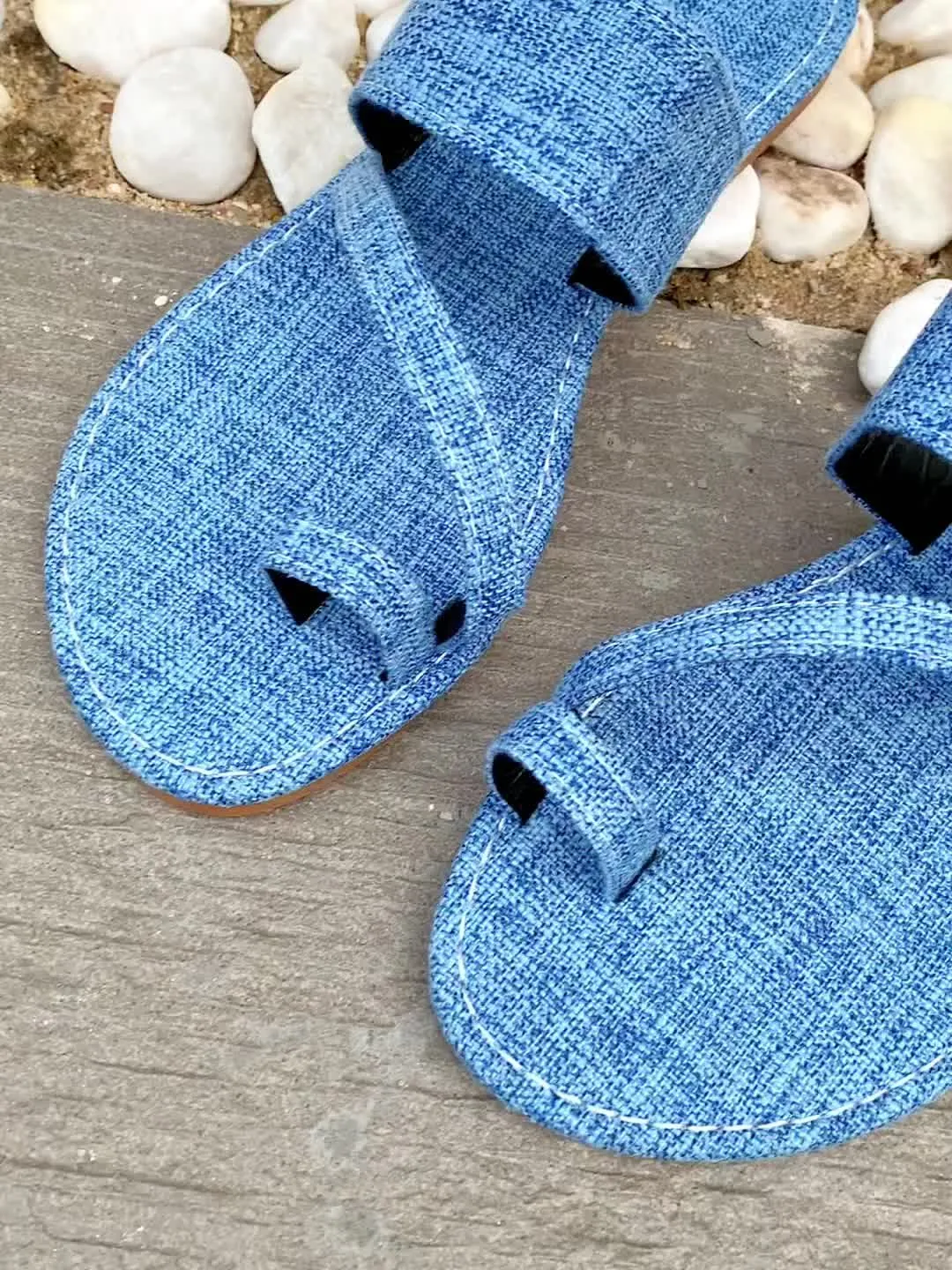 Women's Toe Loop Slip On Slide Shoes Casual Non Slip Flat Denim Sandals