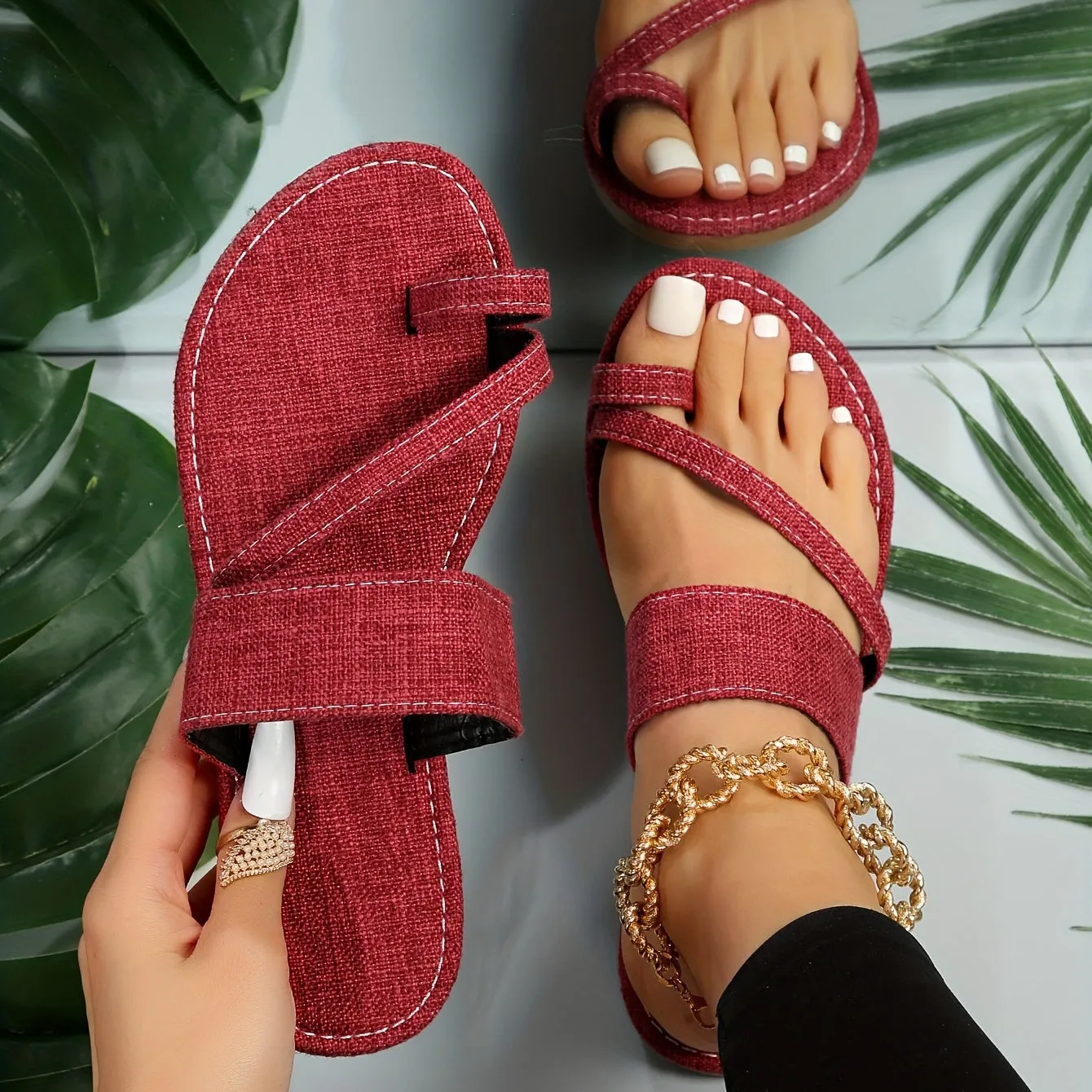 Women's Toe Loop Slip On Slide Shoes Casual Non Slip Flat Denim Sandals